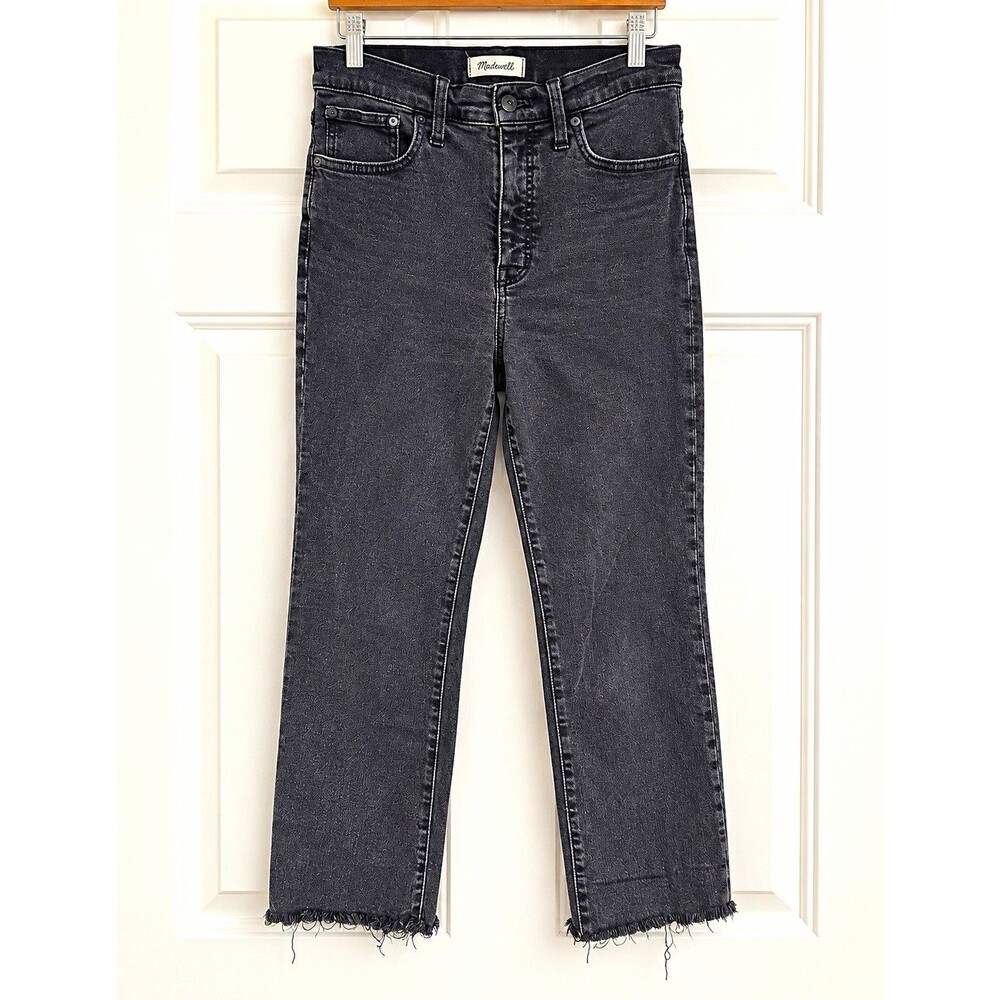 Madewell Cali Demi-Boot Jeans 29 Black Wash Raw Hem Cropped Kick Flare Grunge Y2